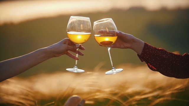 Two women's hands clink glasses on a background of sunset ears of rye