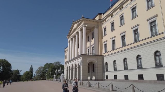 Royal Palace Norway Oslo, camera moving across and sliding to the other side, hyperlapse, beautiful Scandinavian design, House for the Royal Family