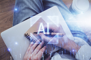 Writing human hands with data theme multi exposure icons.