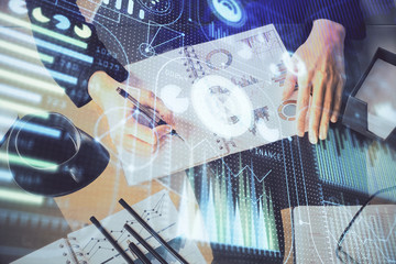 Multi exposure of woman's writing hand on background with data technology hud. Big data concept.