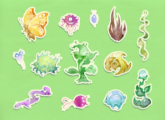 Watercolor stickers of random creatures, mascots, characters. Cartoon style hand drawn funny illustrations