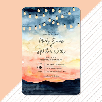 Wedding invitation with string light and landscape watercolor background