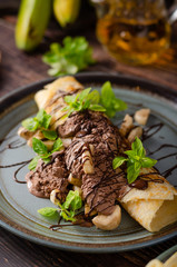 Decorated pancakes with chocolate ice cream
