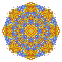 Abstract radial decoration tracery. Indian circular pattern, ornamental floral mandala in orange, blue and violet colors. Adornment for meditation classes.