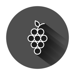 Grape fruits sign icon in flat style. Grapevine vector illustration on black round background with long shadow. Wine grapes business concept.