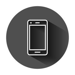 Phone device sign icon in flat style. Smartphone vector illustration on black round background with long shadow. Telephone business concept.