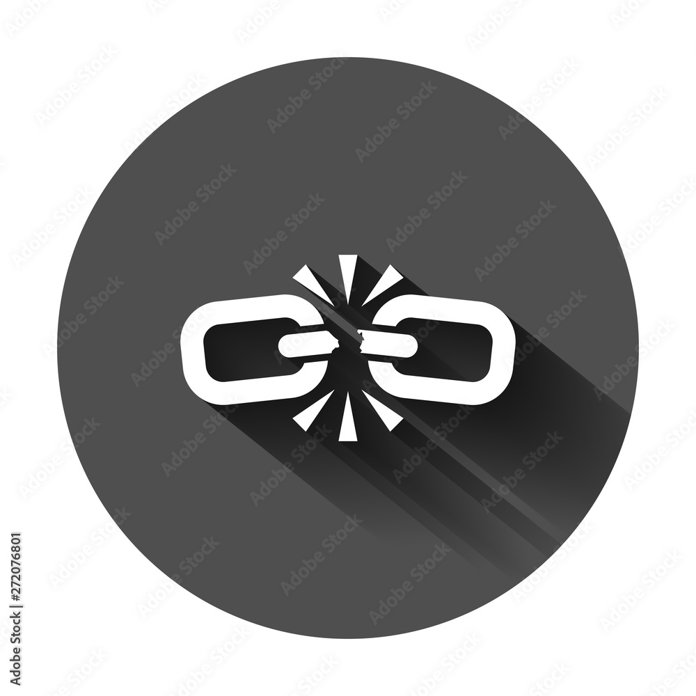 Poster broken chain sign icon in flat style. disconnect link vector illustration on black round background 