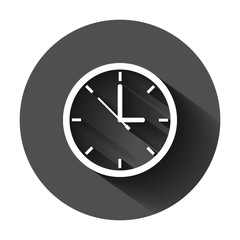 Clock sign icon in flat style. Time management vector illustration on black round background with long shadow. Timer business concept.