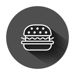 Burger sign icon in flat style. Hamburger vector illustration on black round background with long shadow. Cheeseburger business concept.