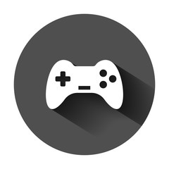 Joystick sign icon in flat style. Gamepad vector illustration on black round background with long shadow. Gaming console controller business concept.