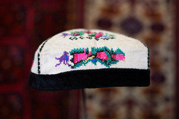 Traditional handicraft woman hat on the main bazaar in Bukhara on the Silk Route, Bukhara,...
