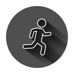 Running people sign icon in flat style. Run silhouette vector illustration on black round background with long shadow. Motion jogging business concept.