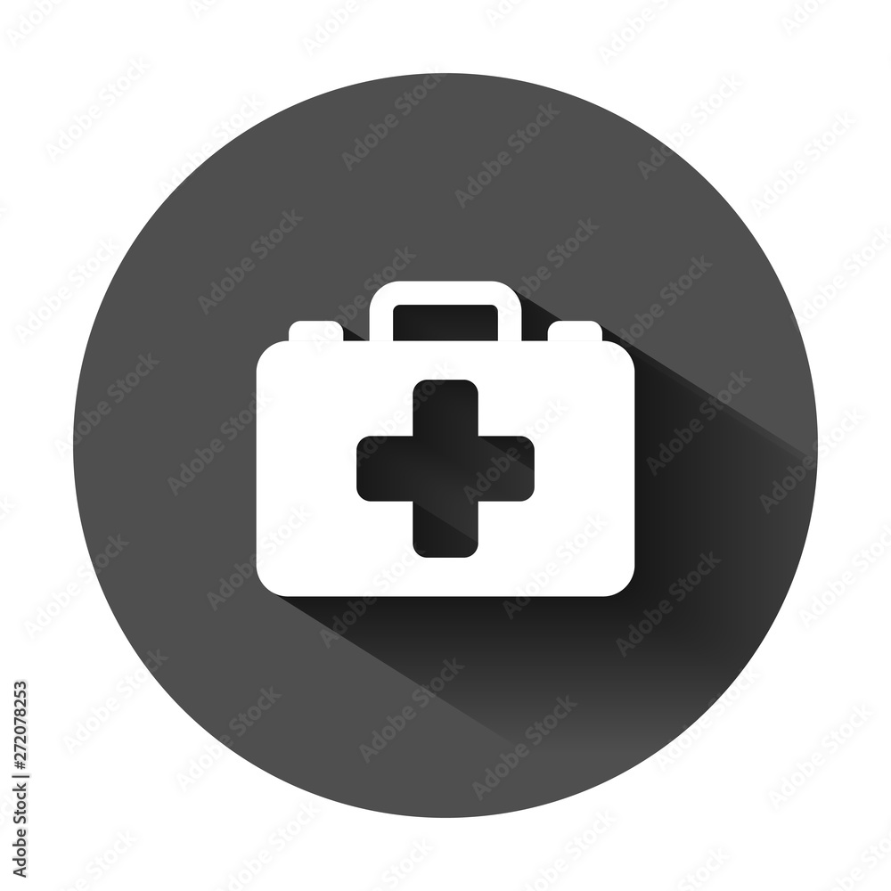 Wall mural first aid kit icon in flat style. health, help and medical diagnostics vector illustration on black 