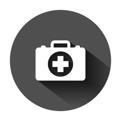 Obraz premium First aid kit icon in flat style. Health, help and medical diagnostics vector illustration on black round background with long shadow. Doctor bag business concept.