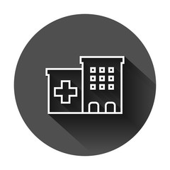 Hospital building icon in flat style. Infirmary vector illustration on black round background with long shadow. Medical ambulance business concept.