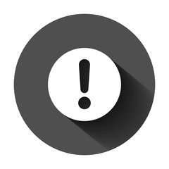 Exclamation mark icon in flat style. Danger alarm vector illustration on black round background with long shadow. Caution risk business concept.