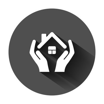 Naklejka Home care icon in flat style. Hand hold house vector illustration on black round background with long shadow. Building quality business concept.