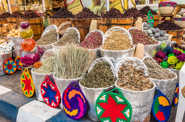 Baskets with spicery on east bazaar, Egypt Africa