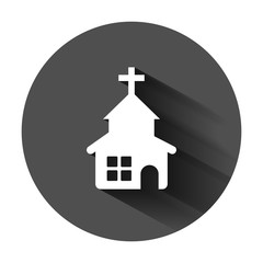 Church icon in flat style. Chapel vector illustration on black round background with long shadow. Religious building business concept.