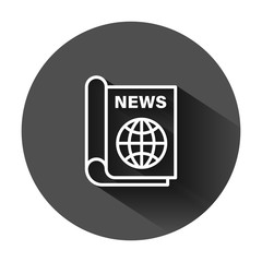 Newspaper icon in flat style. News vector illustration on black round background with long shadow. Newsletter business concept.
