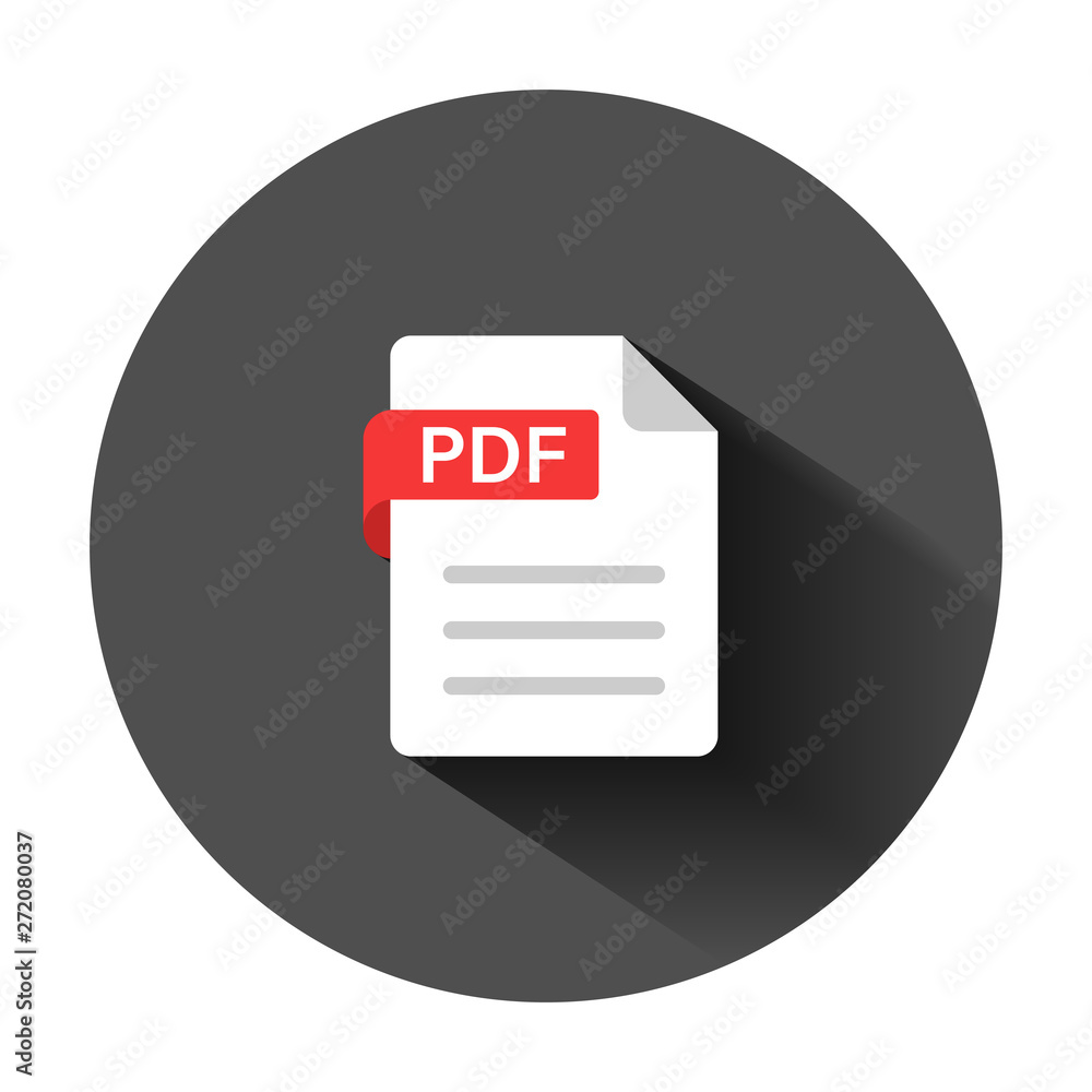 Poster pdf icon in flat style. document text vector illustration on black round background with long shadow