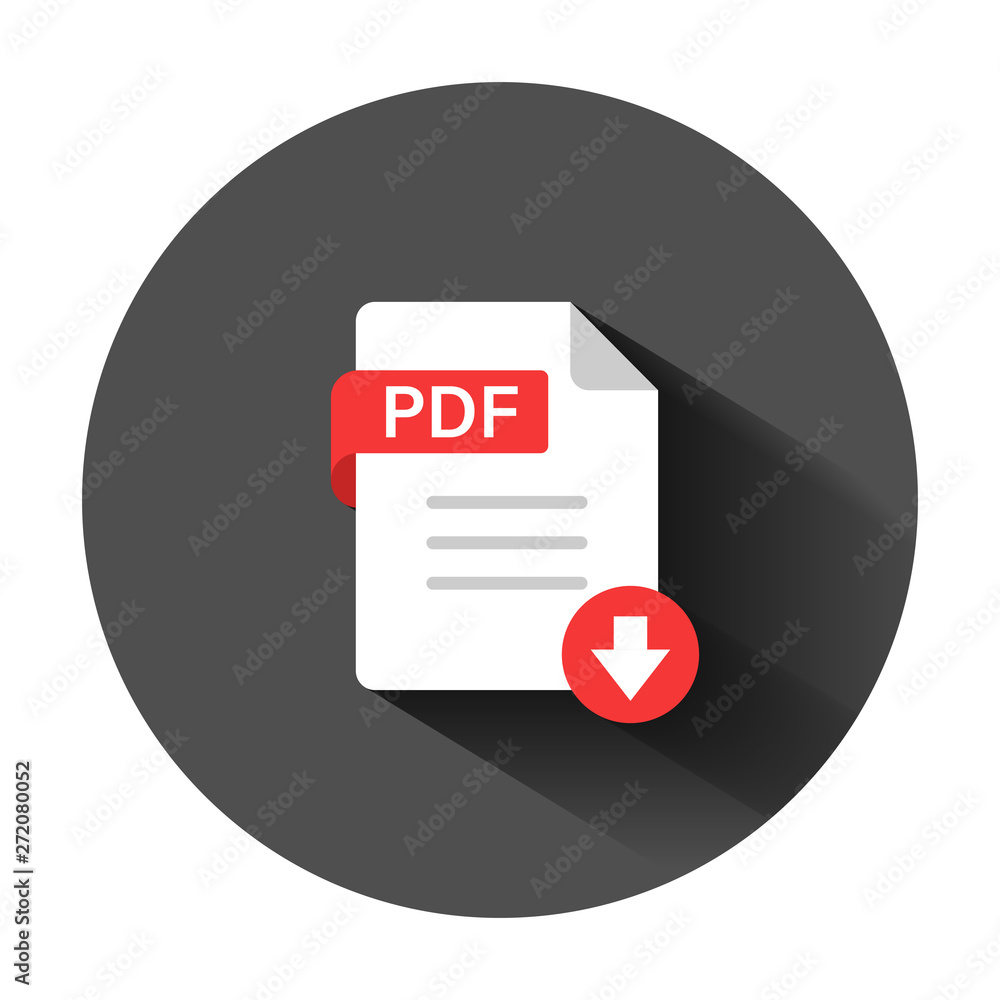 Fototapete pdf icon in flat style. document text vector illustration on black round background with long shadow