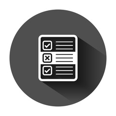 Questionnaire icon in flat style. Online survey vector illustration on black round background with long shadow. Checklist report business concept.