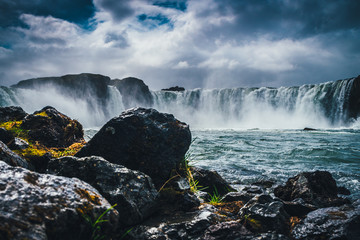 Godafoss waterfall in Iceland with cloudy sky