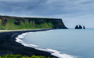 Landscape with black sand beach in Iceland