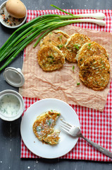 Healthy rice flour pancakes with eggs and green onion