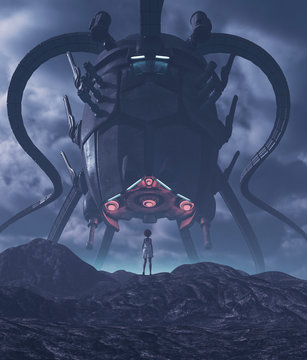 Girl looking to a giant alien ship in front of her,3d illustration