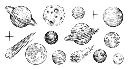 Foto op Canvas Set of space objects: planets, stars. Hand drawn vector © aksol