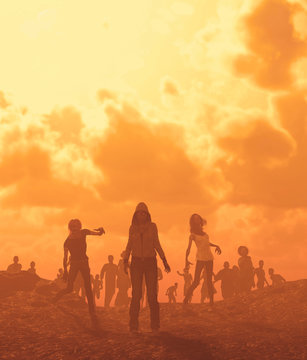 Zombies horde in badlands,Post-Apocalyptic concept ideas,3d rendering