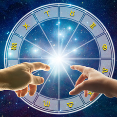 astrology wheel horoscope with all the signs of the zodiac and male and female hand 