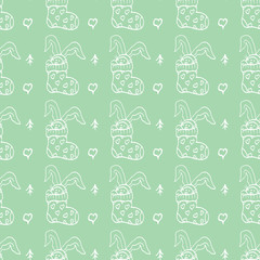 Socks and bunny rabbits seamless pattern, white outline on mint color background, vector