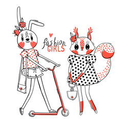 Cute card with best friends. Baby bunny and squirrel in fashionable clothes. Kawaii animal. Can be used for t-shirt print, kids wear design. Vector illustration