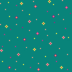 Green 8-bit abstract background with cute flowers.