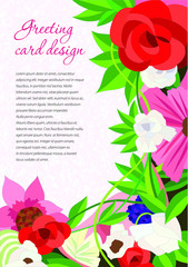 Greeting card template. Realistic floral illustration with bright colors, text area and soft background texture.