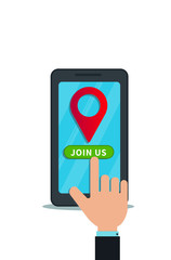 Flat smartphone with location pin icon on screen isolated on white background. GPS, mobile navigation app, destination point. Hand finger click join us button. Design element for banner, infographic