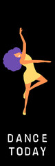 Dancing girl  card background. Happy dansing bright colored adult woman for design modern pop party invitation, birthday greeting card, fashion shop sale advertising, bag print, holiday wallpaper etc.