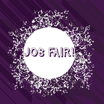 Word writing text Job Fair. Business photo showcasing event in which employers recruiters give information to employees Disarrayed and Jumbled Musical Notes Icon Surrounding Blank Colorful Circle
