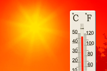 Summer heat. Thermometer shows high temperature in summer - obrazy, fototapety, plakaty