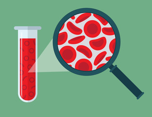 Red blood cells, Microscope and test tube. Blood concept. Human donates blood. Vector illustration in flat style.