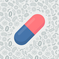 tablet pill protecting from virus, germs and bacteria. Flat style vector illustration. 