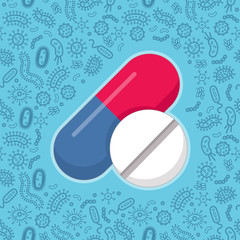 tablet pill protecting from virus, germs and bacteria. Flat style vector illustration. 