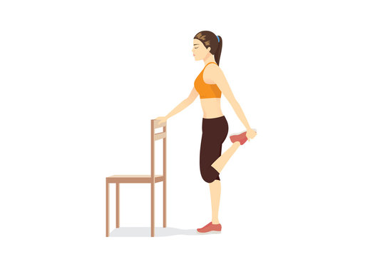 Woman doing Kneeling Quad Stretch with a chair. Illustration about simple Stretching leg muscle.
