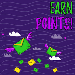 Text sign showing Earn Points. Business photo showcasing collecting scores in order qualify to win big prize Many Colorful Airmail Flying Letter Envelopes and Two of Them with Wings