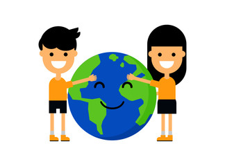 Set of happy kids hugging globe. Little boy and girl holding the Earth. ecology concept. save planet. funny cartoon character isolated on white background. vector illustration.