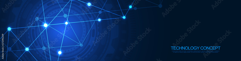 Wall mural Website header or banner design with abstract geometric background and connecting dots and lines. Global network connection. Digital technology with plexus background and space for your text.