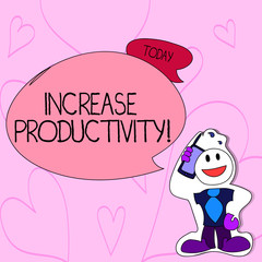 Text sign showing Increase Productivity. Business photo text Improve the efficiency of production processes Smiley Face Man in Necktie Holding Smartphone to his Head in Sticker Style